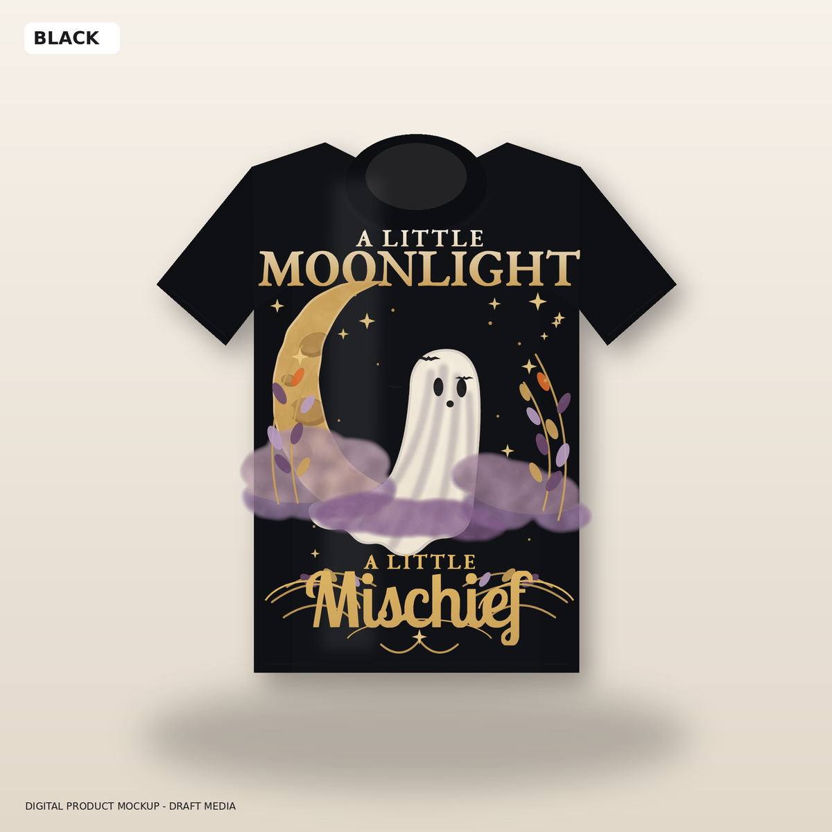 Moonlight & Mischief Halloween graphic tee in Black with ghost, crescent moon and antique-gold details