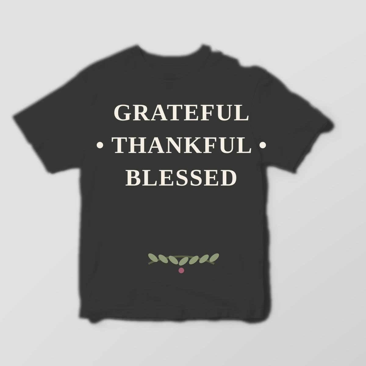 Grateful Thankful Blessed graphic tee by Designs by Danna - Deep Charcoal hero mockup