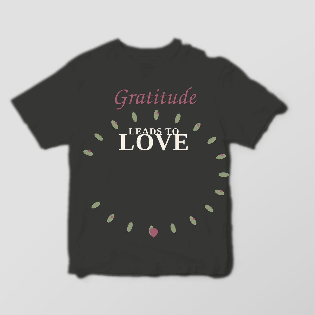 Gratitude Leads to Love graphic tee by Designs by Danna - Deep Charcoal hero mockup