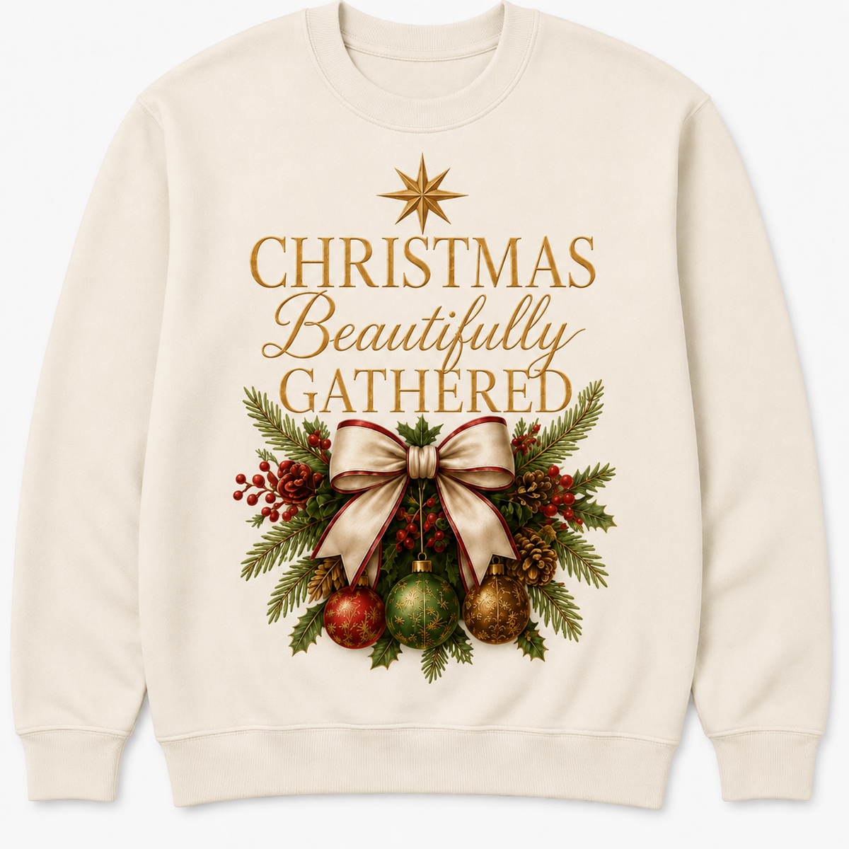Christmas Beautifully Gathered crewneck sweatshirt in Warm Ivory, front product view