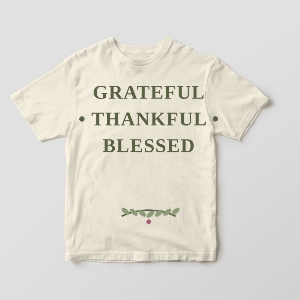 Grateful Thankful Blessed graphic tee by Designs by Danna - Warm Ivory hero mockup