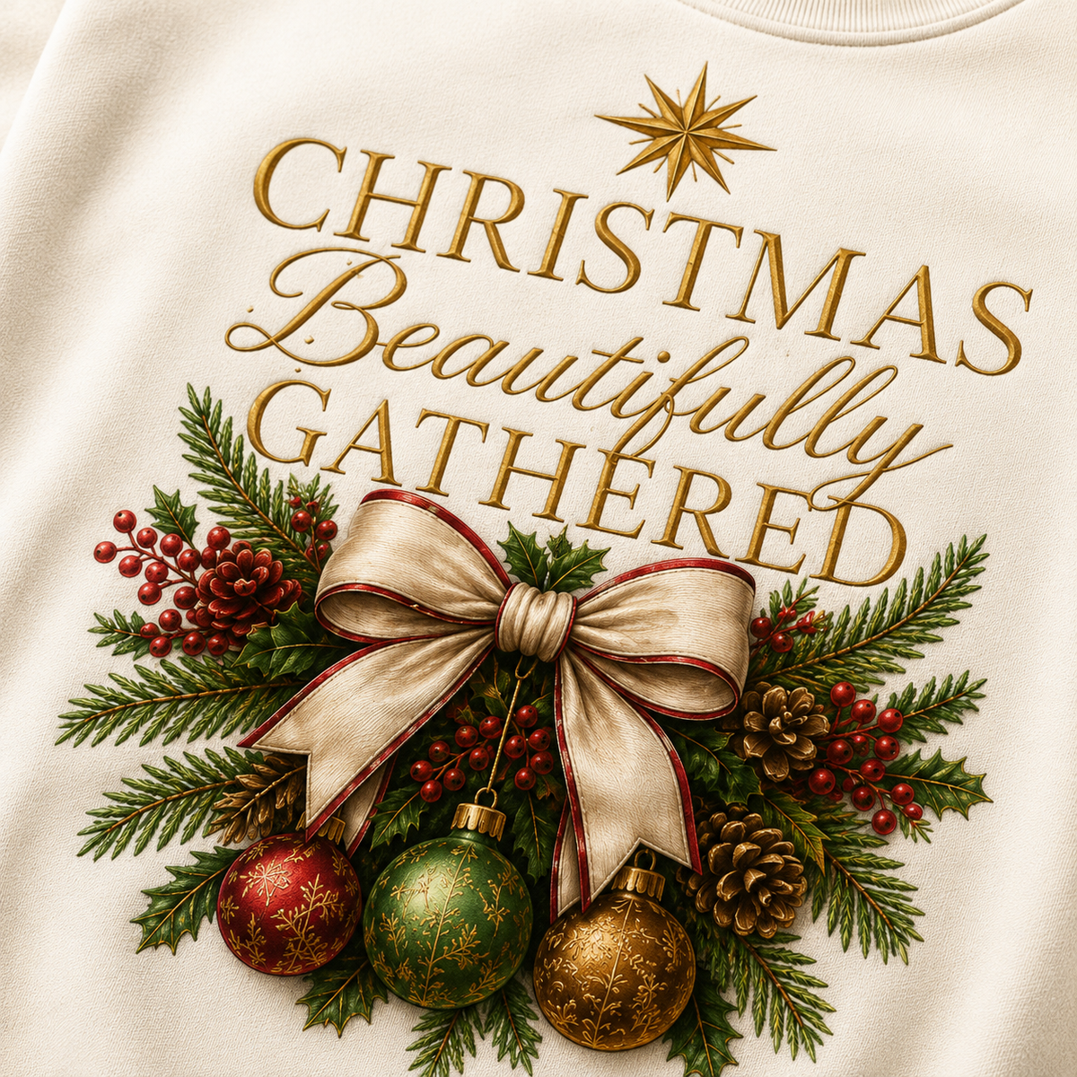 Close-up of Christmas Beautifully Gathered artwork with antique-gold typography, ivory bow, evergreen, berries, pinecones, holly, and three ornaments