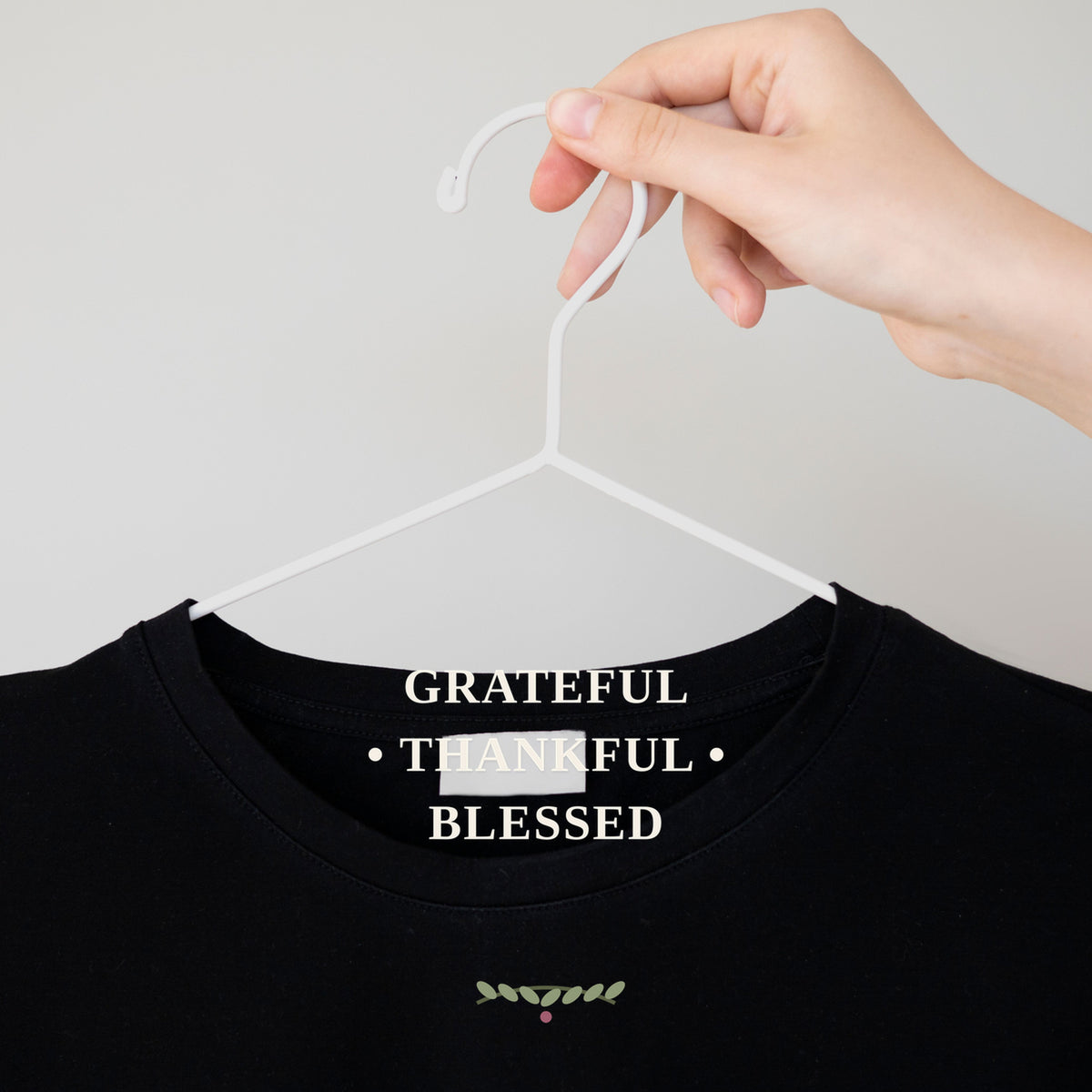 Grateful Thankful Blessed graphic tee by Designs by Danna - Deep Charcoal lifestyle mockup