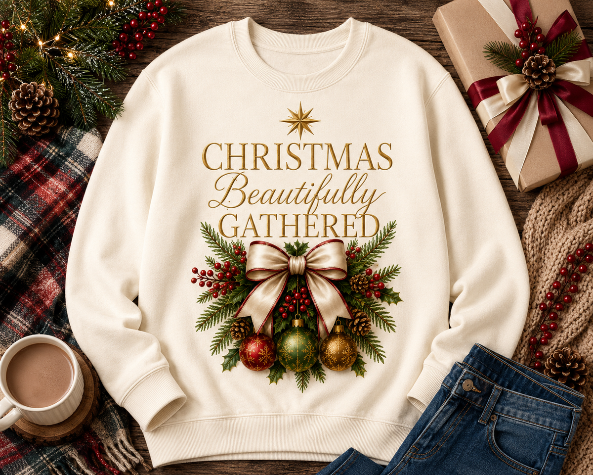 Warm Ivory Christmas Beautifully Gathered crewneck styled in a cozy holiday flat lay with evergreen, berries, pinecones, plaid, gift wrap, denim, and a warm beverage