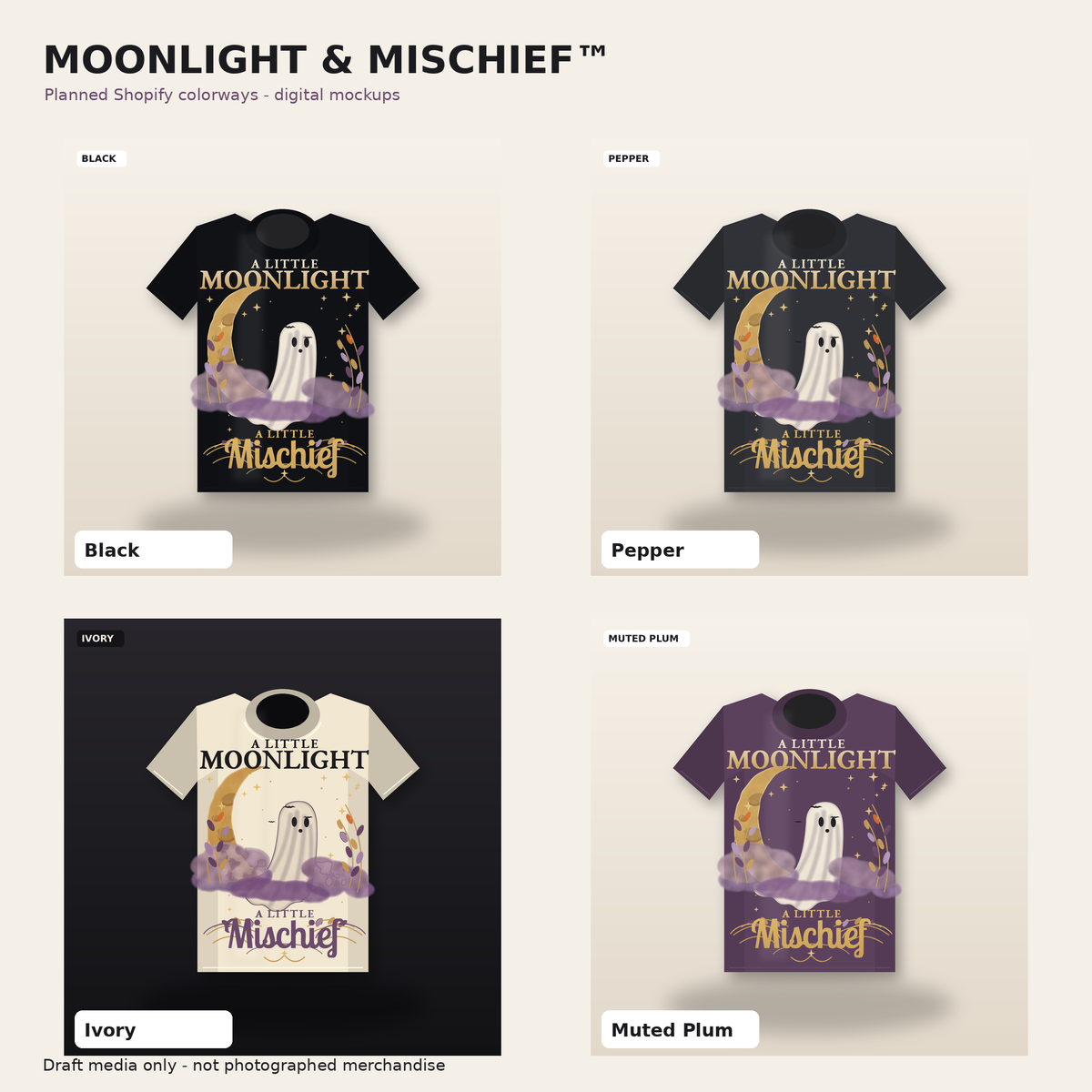 Moonlight & Mischief Halloween tee colorways