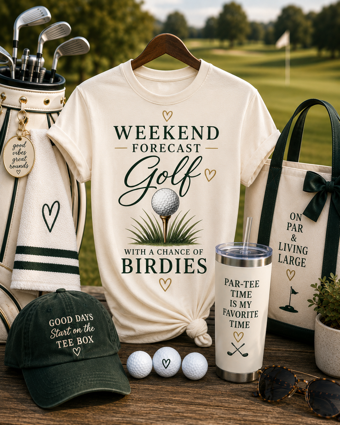 Ivory Weekend Forecast Golf with a Chance of Birdies tee styled on a golf course with green and gold accents.