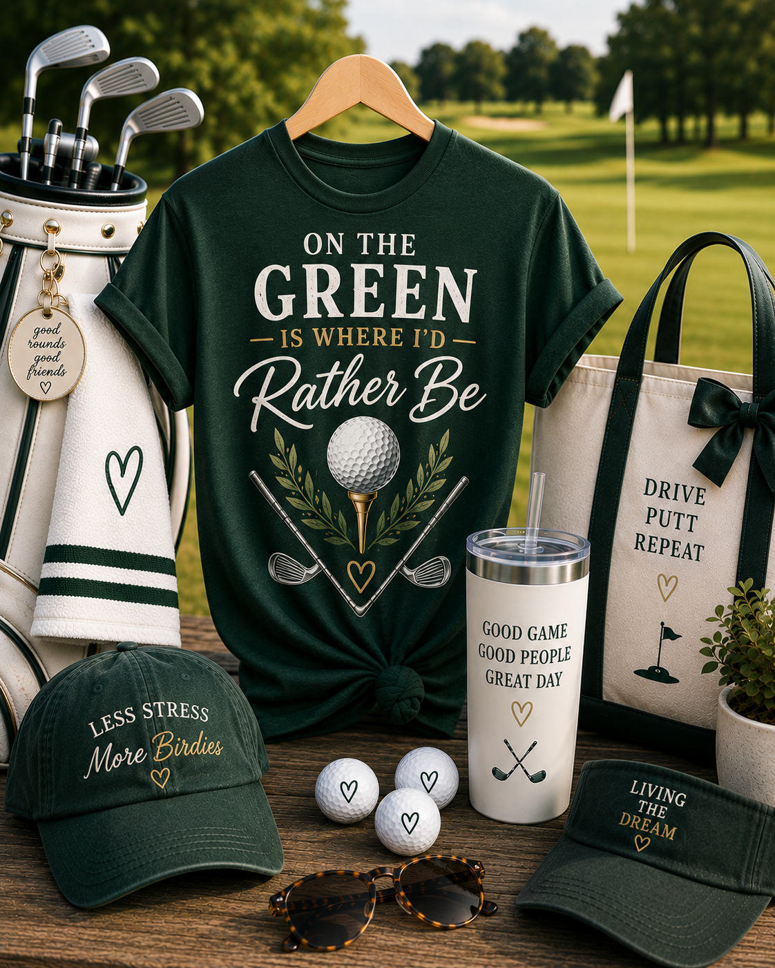 Forest green On the Green Is Where I'd Rather Be golf tee with cream and gold lettering, golf ball, foliage and crossed clubs.
