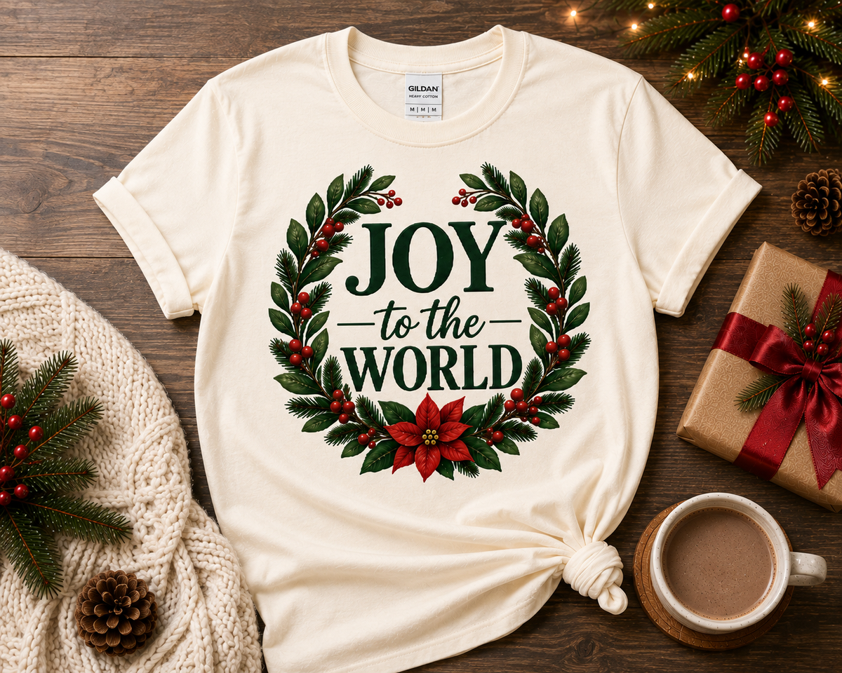 JOY to the WORLD Natural Gildan 64000 tee by Designs by Danna