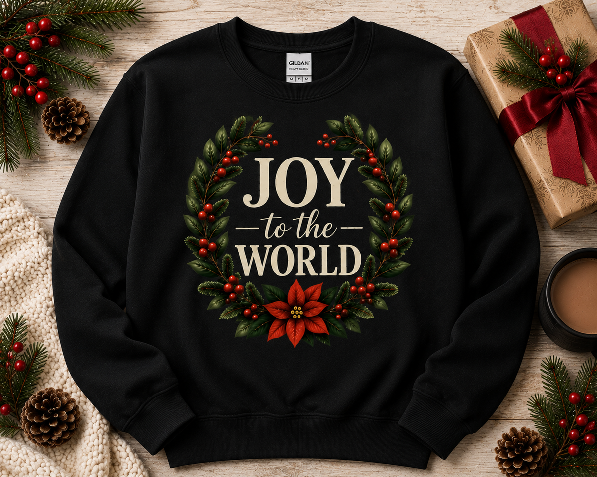 JOY to the WORLD Black Gildan 18000 crewneck sweatshirt by Designs by Danna