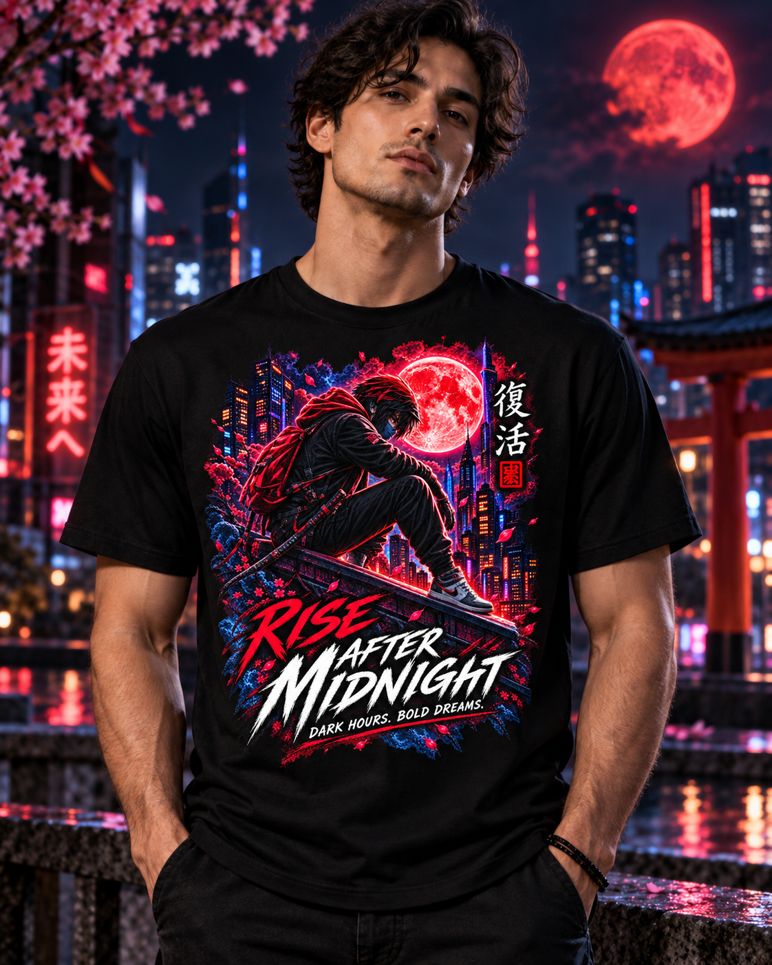 Rise After Midnight anime-inspired graphic tee lifestyle mockup by Designs by Danna