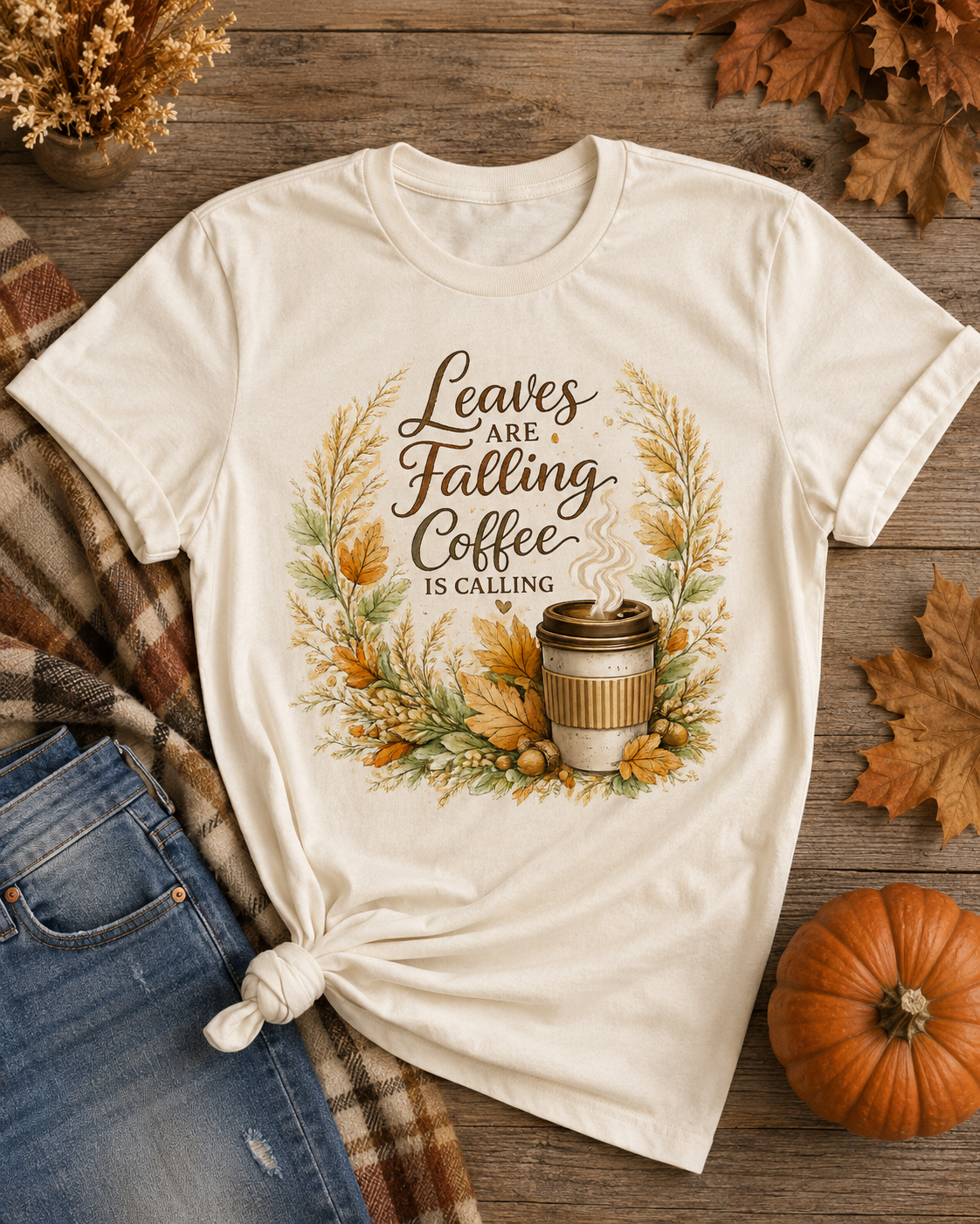 Leaves Are Falling, Coffee Is Calling Fall Graphic Tee — approved tee hero