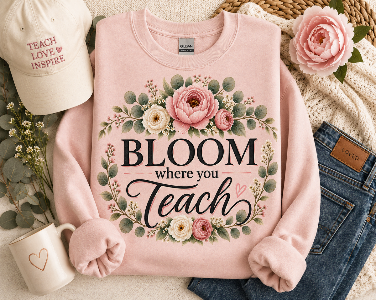 BLOOM where you Teach floral crewneck in Blush by Designs by Danna
