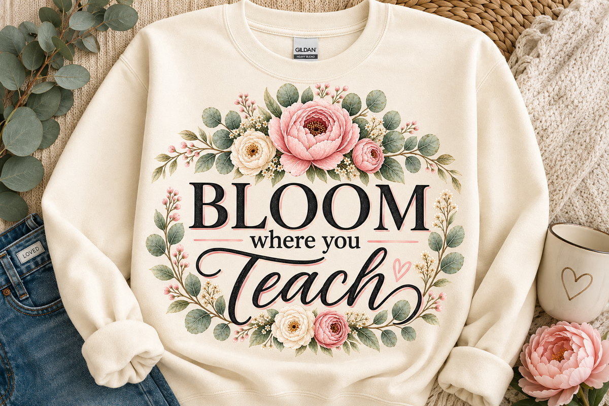 BLOOM where you Teach floral crewneck in Cream by Designs by Danna