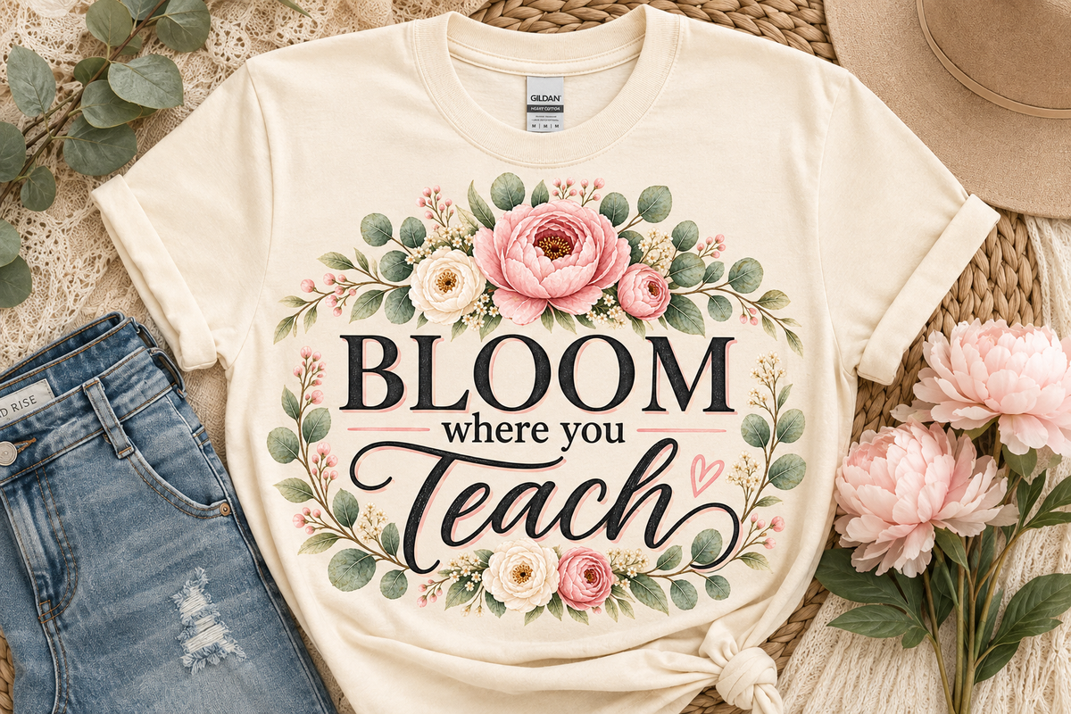 BLOOM where you Teach floral teacher tee in Cream by Designs by Danna