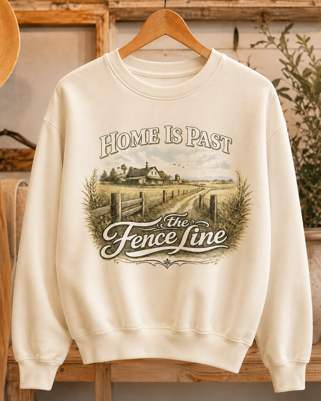Home Is Past the Fence Line - Crewneck Sweatshirt - Designs by Danna