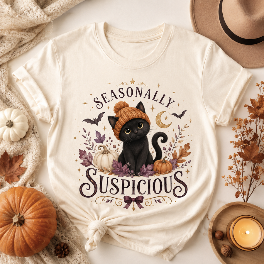Seasonally Suspicious Halloween Black Cat Graphic Tee