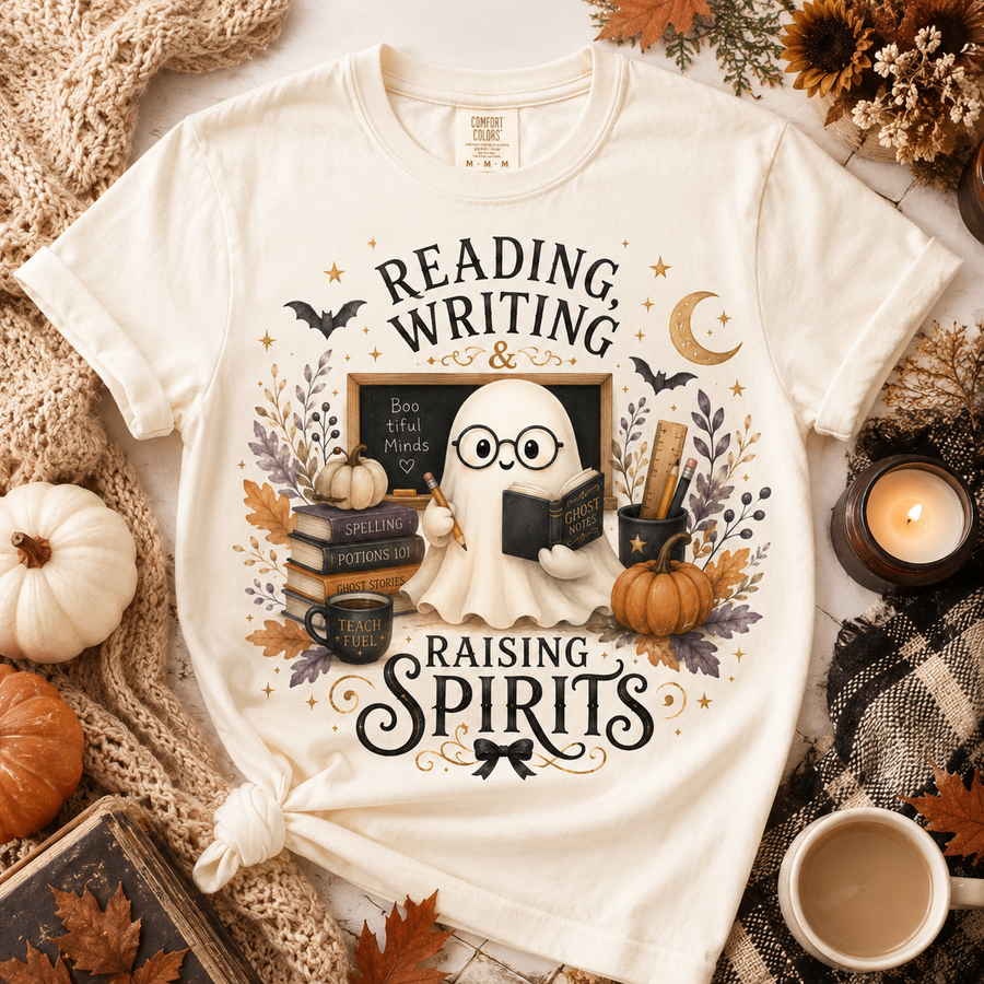 Reading, Writing & Raising Spirits Halloween Teacher Graphic Tee