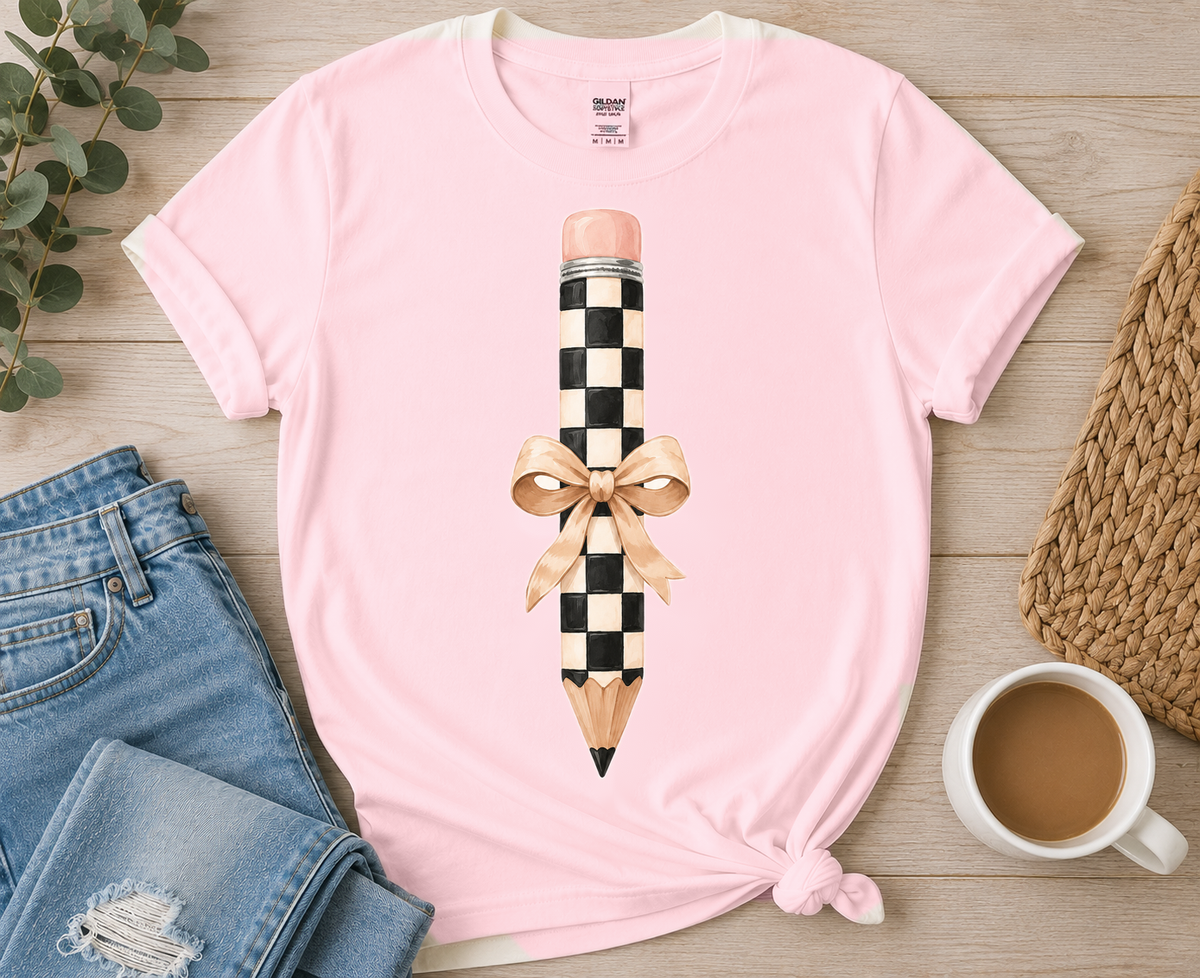Checkered Pencil with Tan Bow on Light Pink tee by Designs by Danna