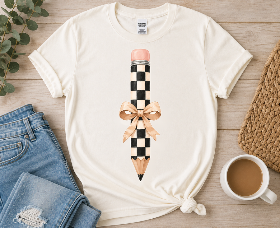 Checkered Pencil with Tan Bow