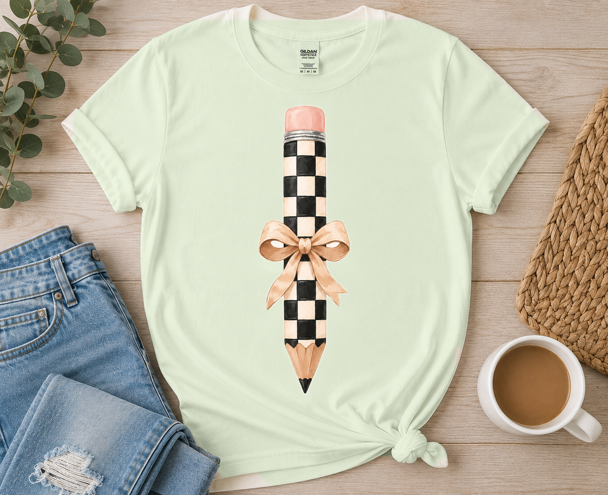 Checkered Pencil with Tan Bow on Sage tee by Designs by Danna