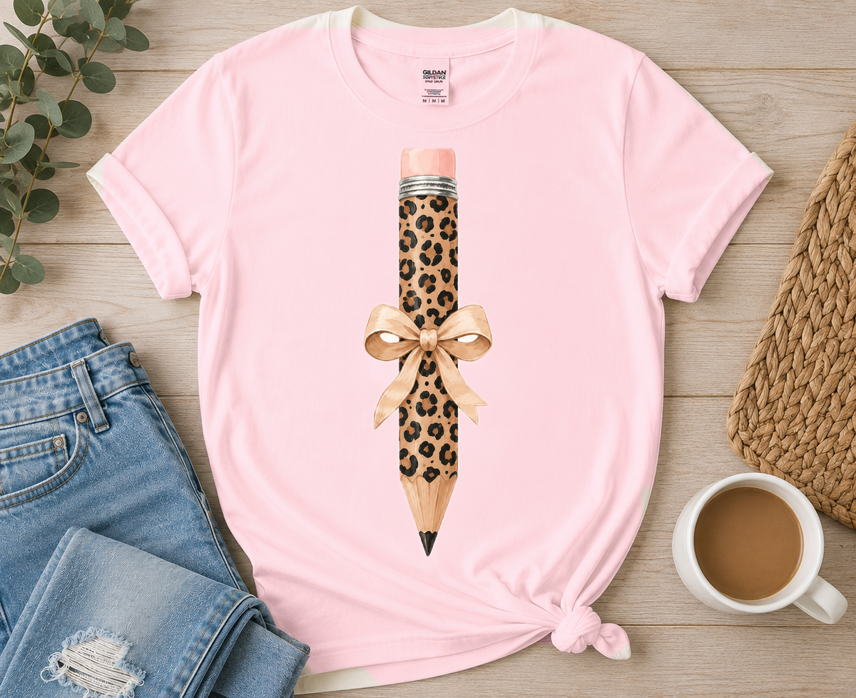 Leopard Pencil with Tan Bow on Light Pink tee by Designs by Danna