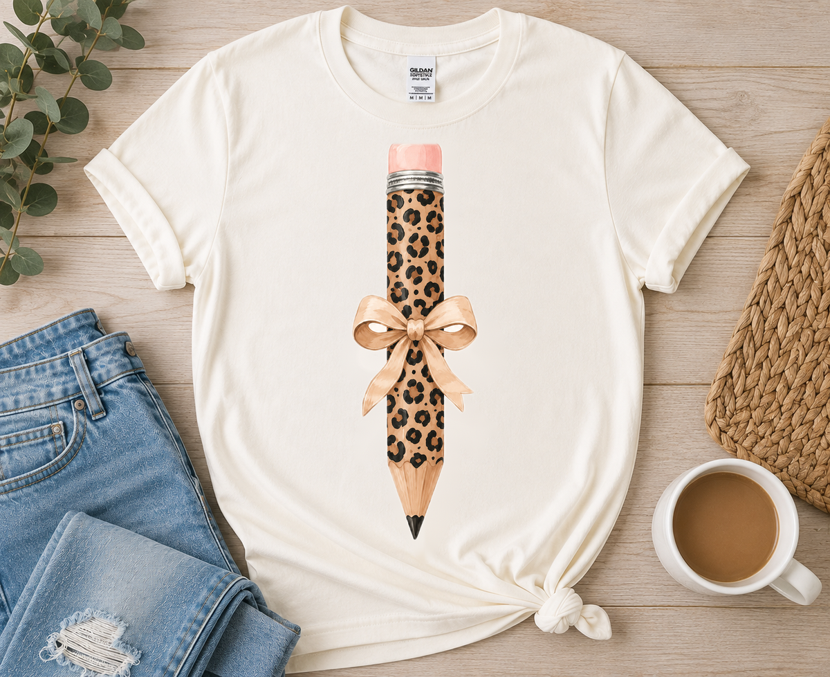 Leopard Pencil with Tan Bow on Off-White tee by Designs by Danna