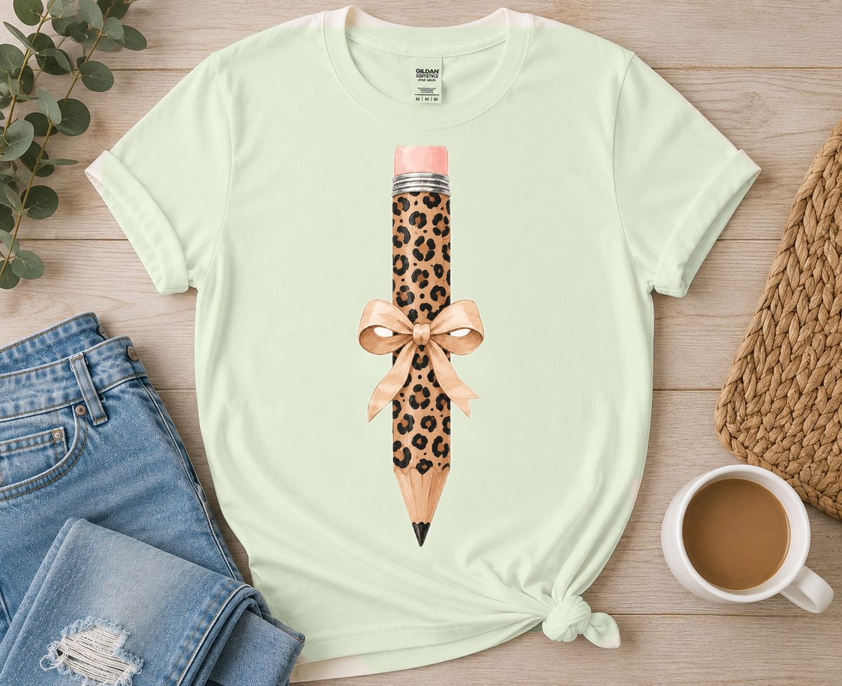 Leopard Pencil with Tan Bow on Sage tee by Designs by Danna
