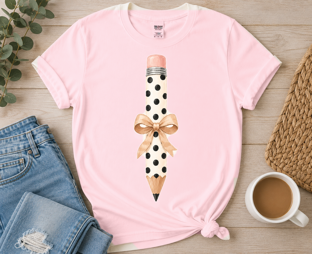 Polka Dot Pencil with Tan Bow on Light Pink tee by Designs by Danna
