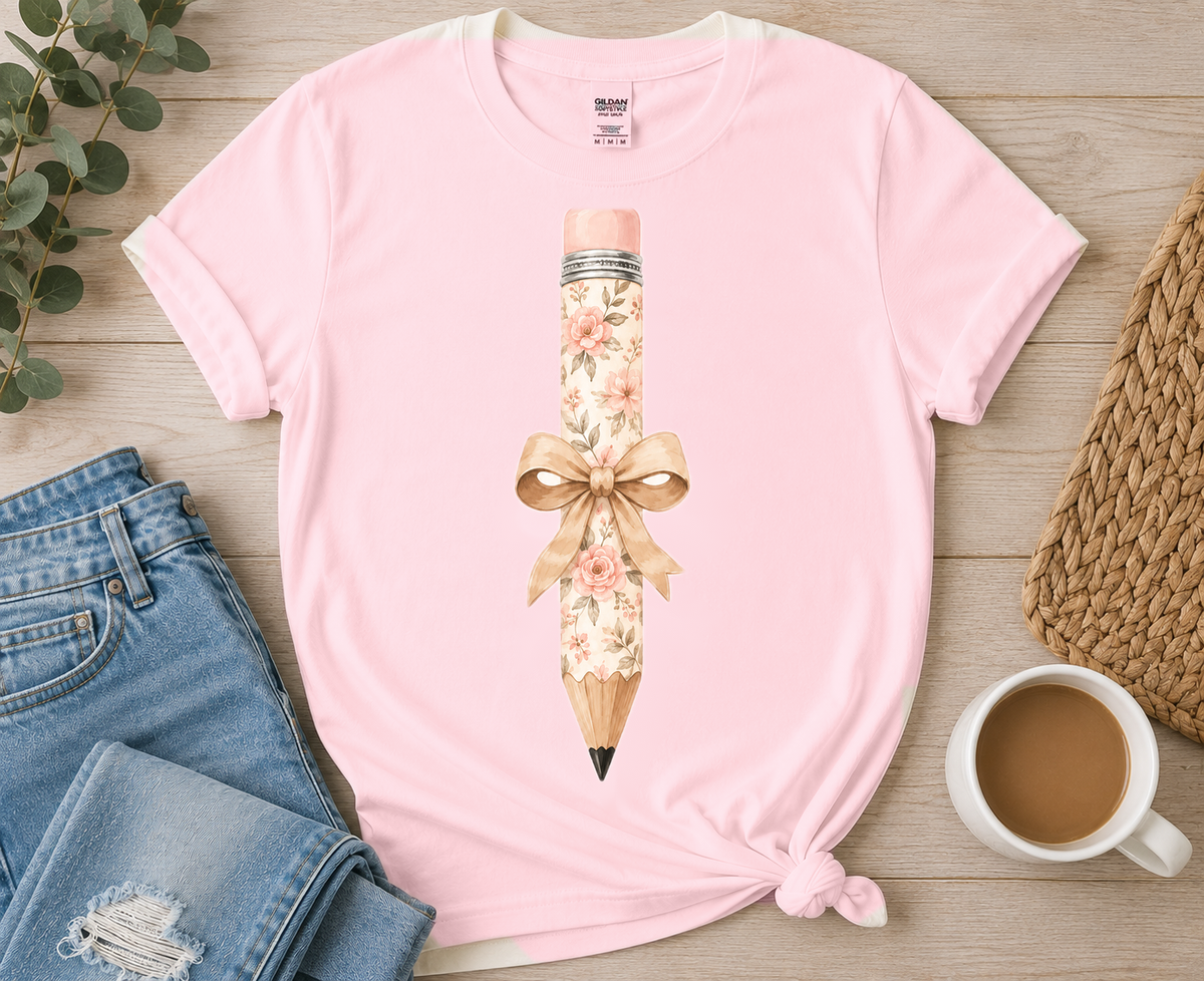 Floral Pencil with Tan Bow on Light Pink tee by Designs by Danna