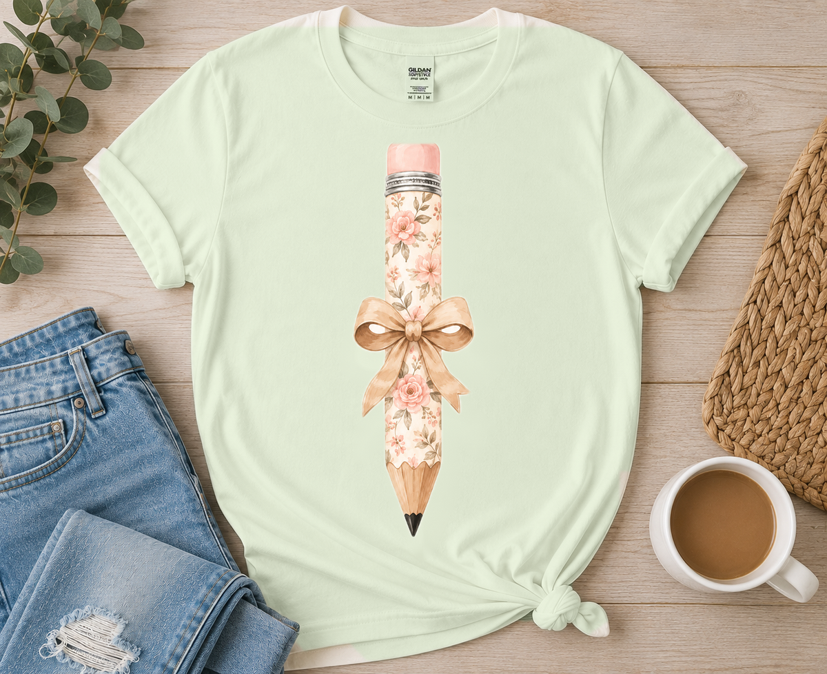 Floral Pencil with Tan Bow on Sage tee by Designs by Danna