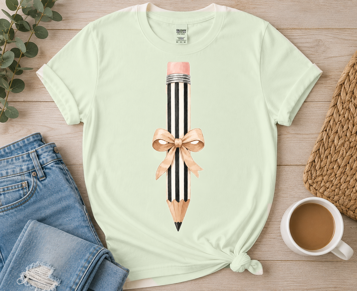 Black Stripe Pencil with Tan Bow on Sage tee by Designs by Danna
