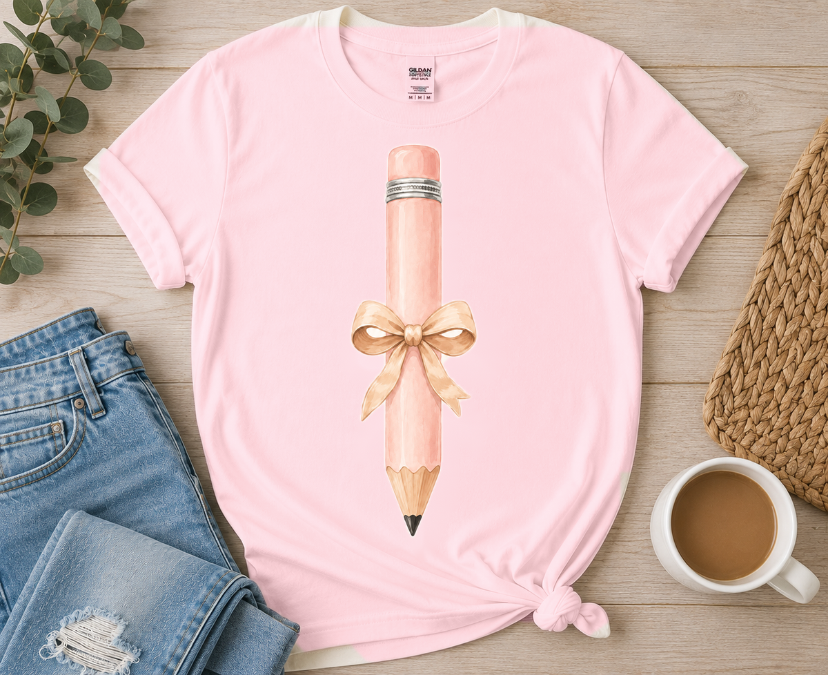 Solid Blush Pencil with Tan Bow on Light Pink tee by Designs by Danna