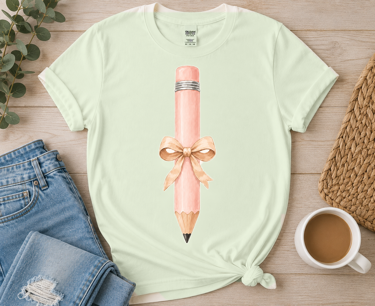 Solid Blush Pencil with Tan Bow on Sage tee by Designs by Danna