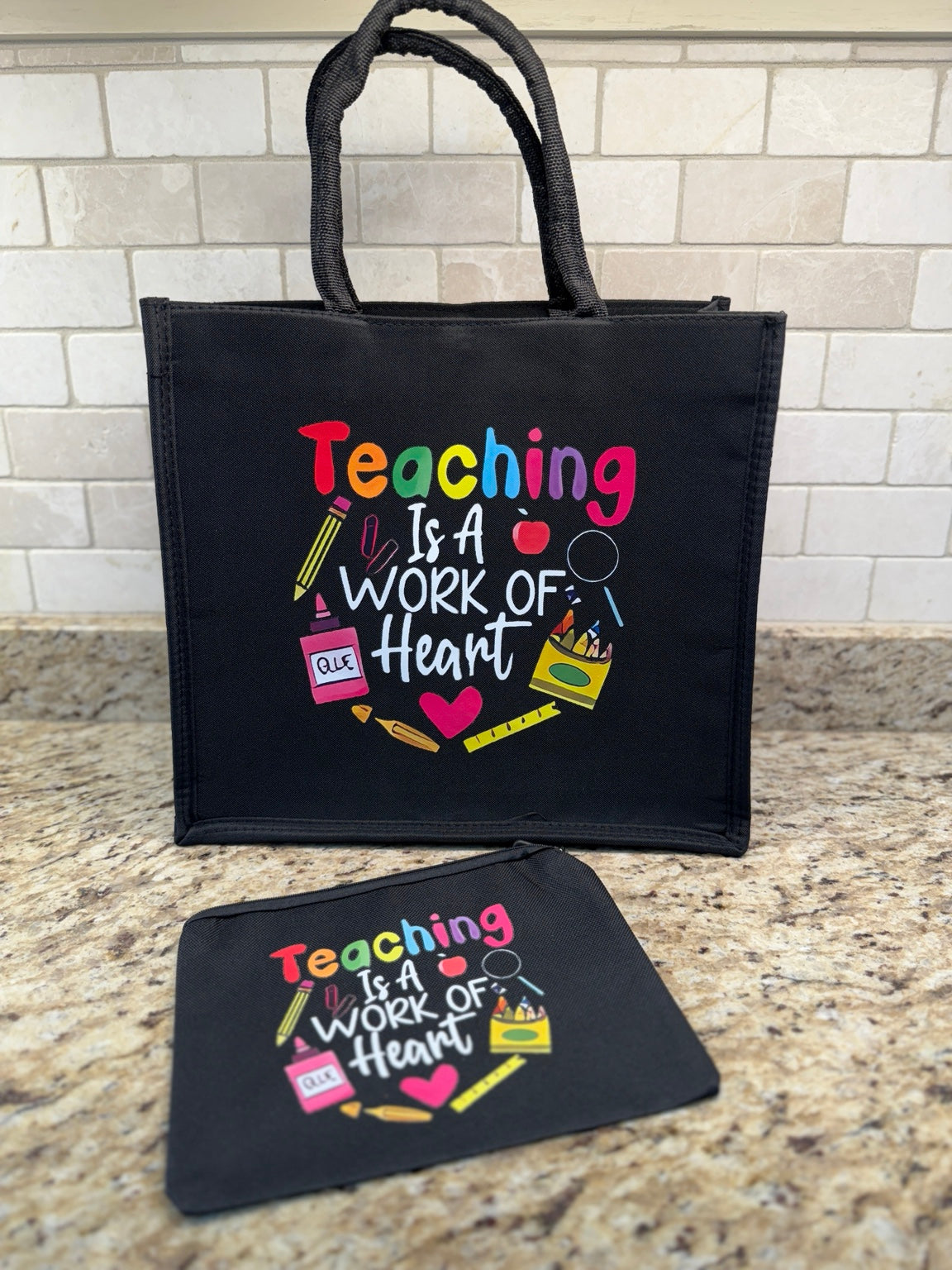 Teaching Is a Work of Heart tote and matching zipper pouch gift set