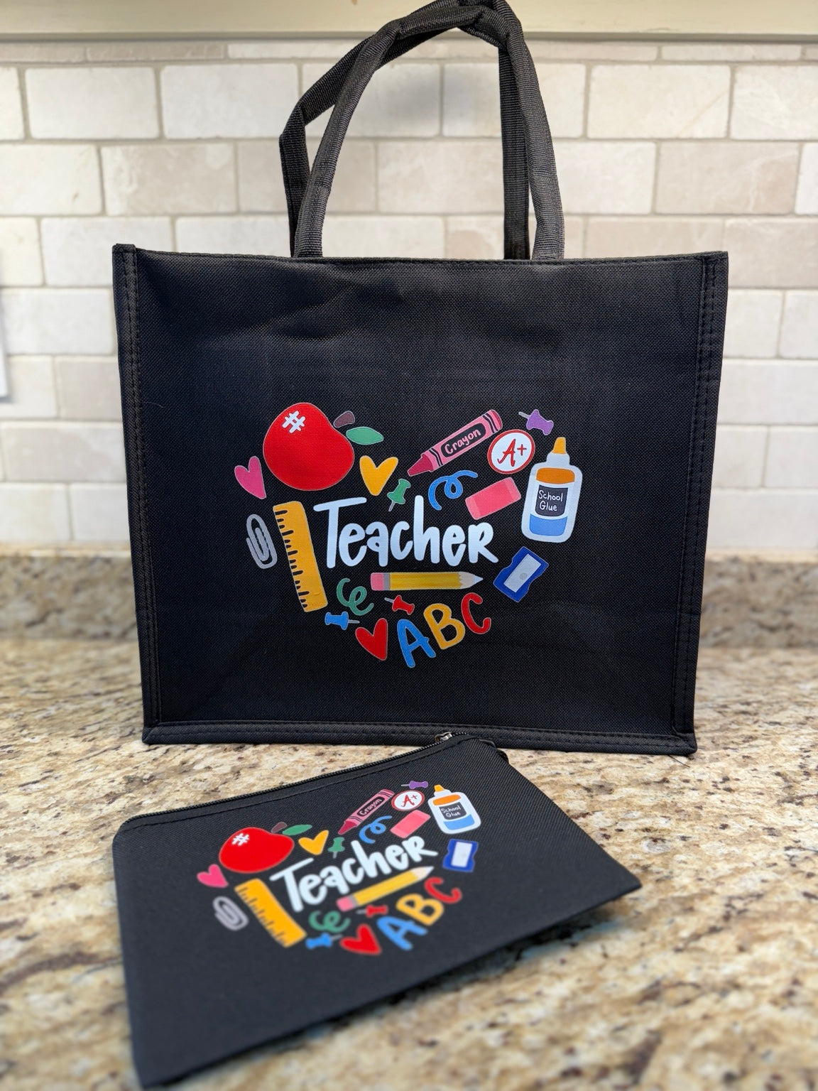 Teacher ABC tote and matching zipper pouch gift set