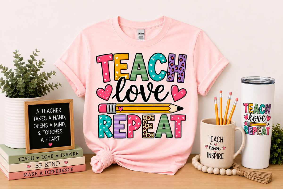 Teach. Love. Repeat. Teacher Graphic Tee by Designs by Danna