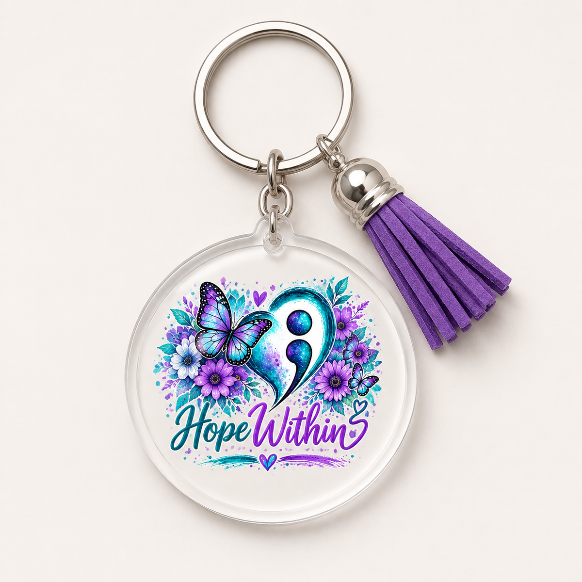 Hope Within Semicolon Heart 2-inch Clear Acrylic Keychain