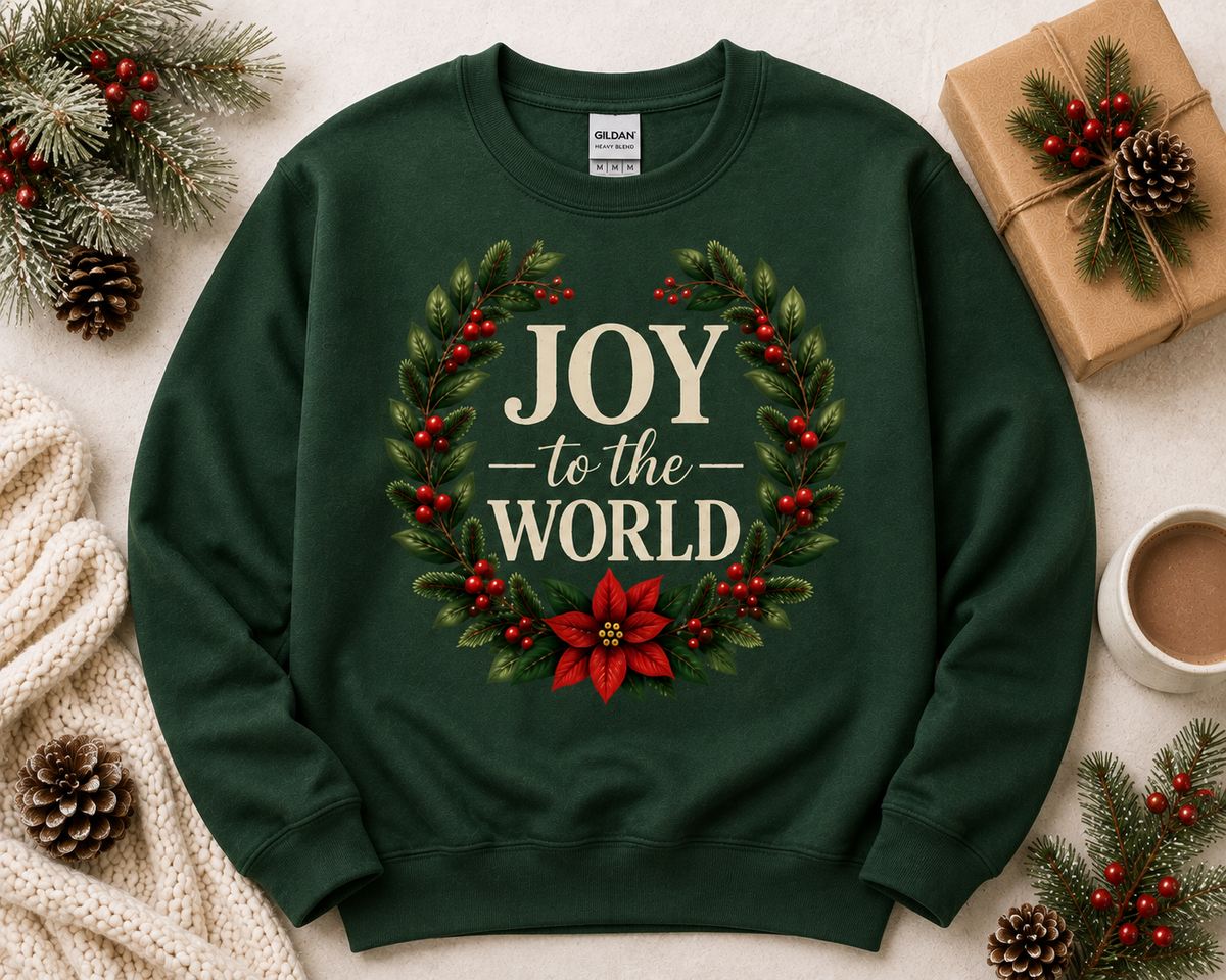 JOY to the WORLD Forest Green Gildan 18000 crewneck sweatshirt by Designs by Danna
