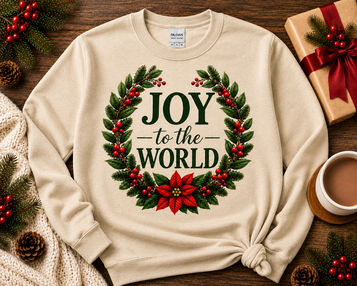 JOY to the WORLD Sand Gildan 18000 crewneck sweatshirt by Designs by Danna