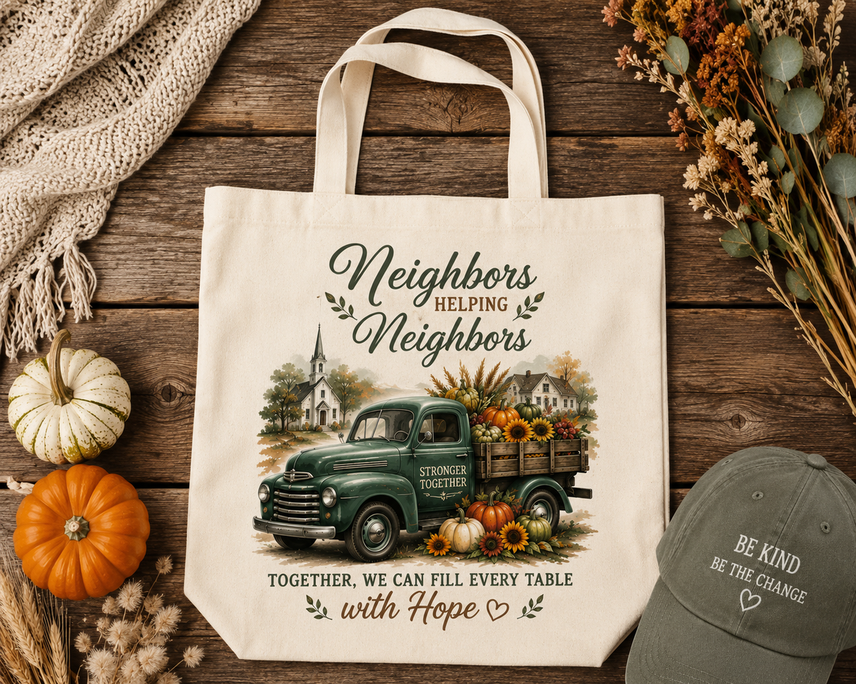 Neighbors Helping Neighbors Tote - Natural boutique flat lay - Designs by Danna