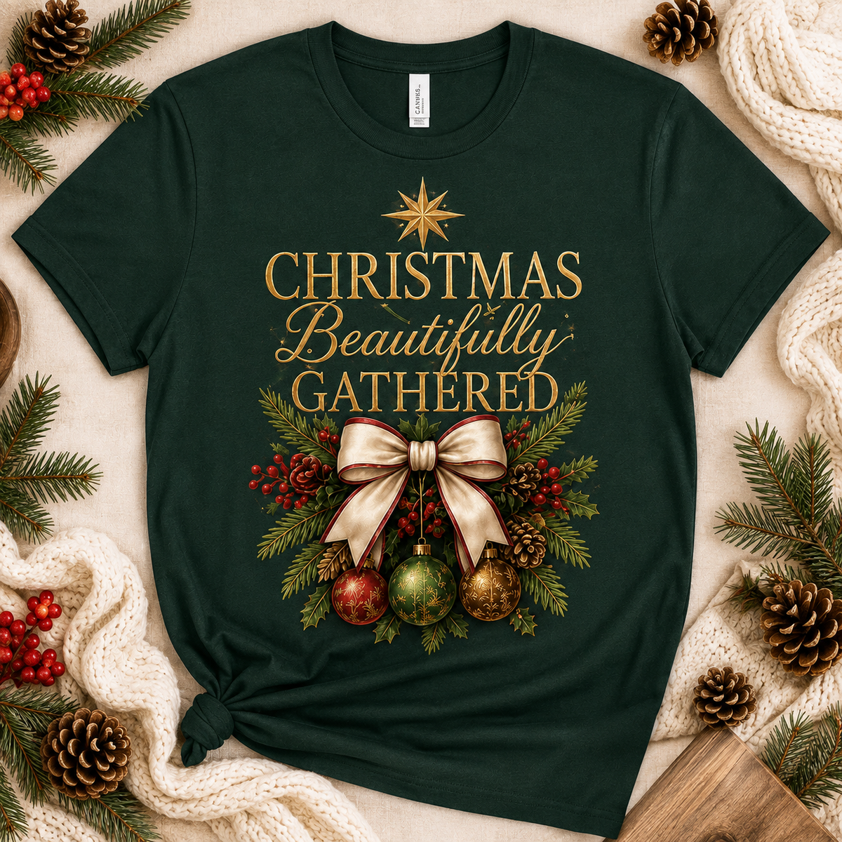Christmas Beautifully Gathered Graphic Tee holiday flat lay mockup by Designs by Danna