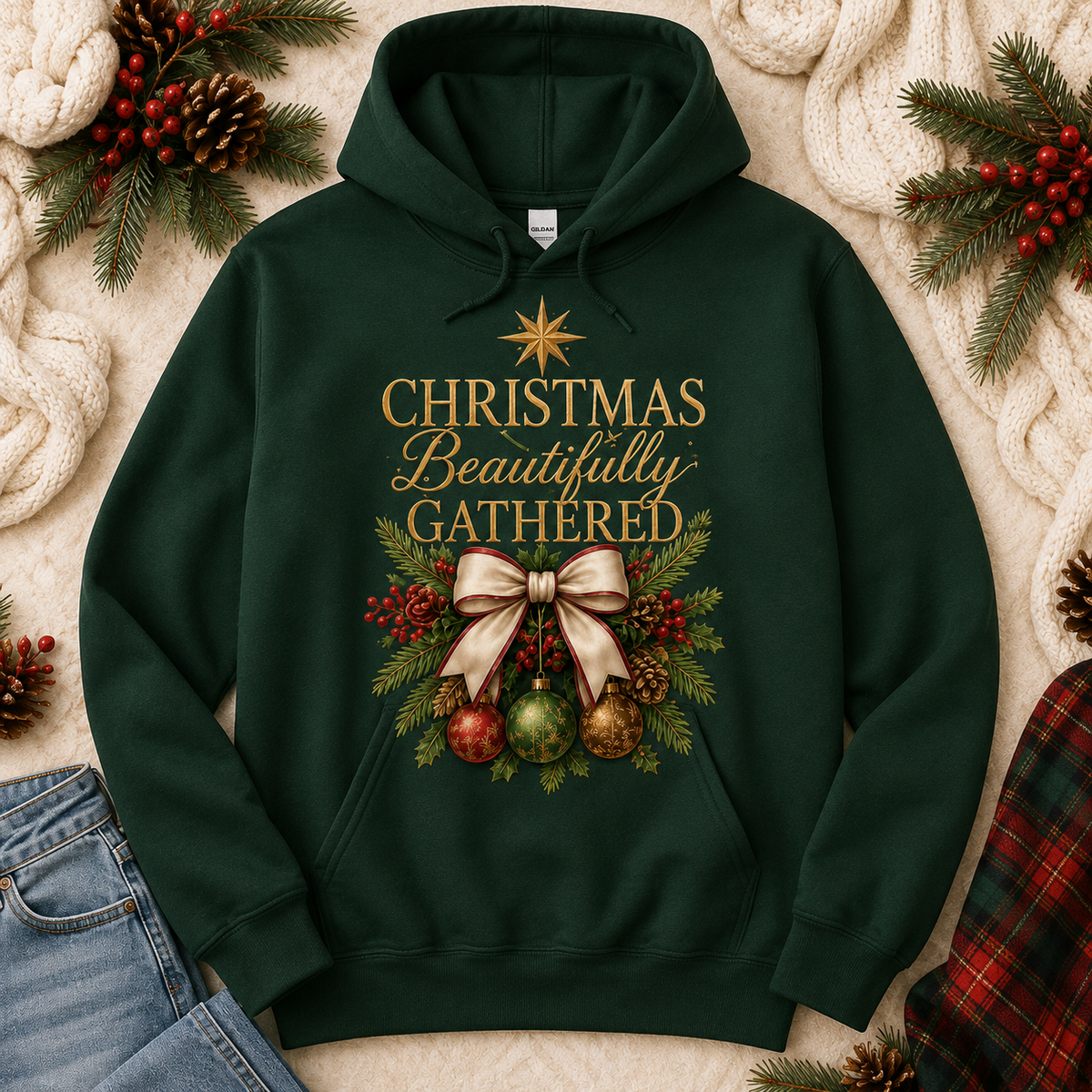 Christmas Beautifully Gathered Hoodie holiday flat lay mockup by Designs by Danna
