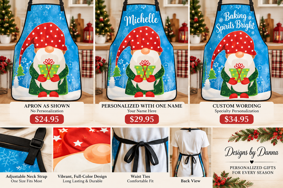 Christmas gnome apron in standard, named, and custom wording mockups