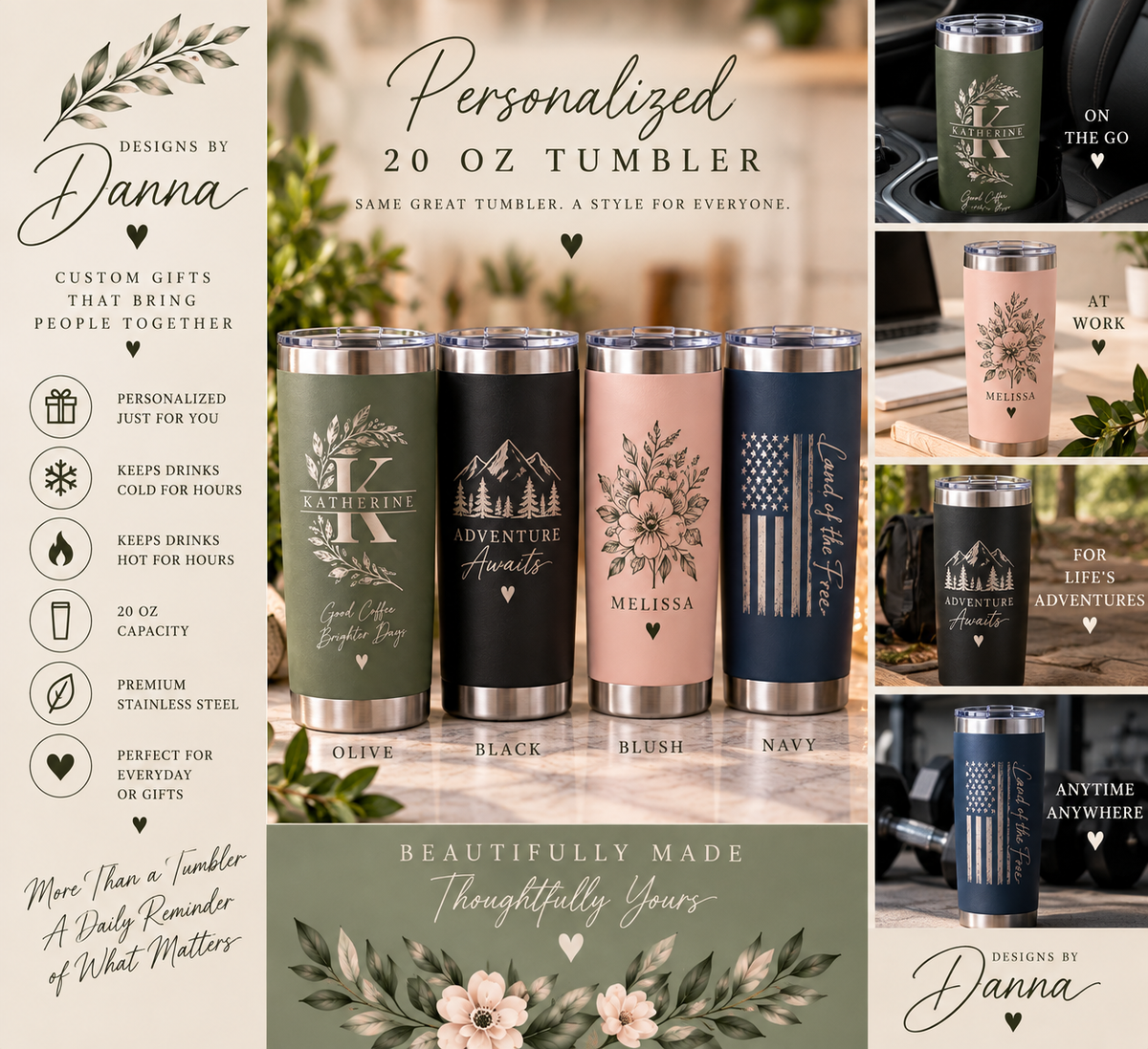 Personalized 20 oz engraved tumbler collection by Designs by Danna