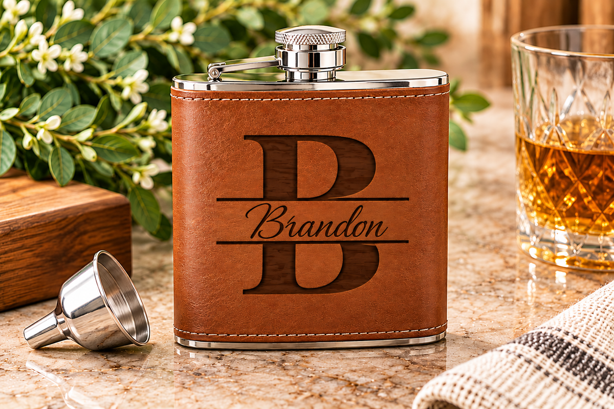 Personalized brown leatherette flask engraved with Brandon and a large B monogram