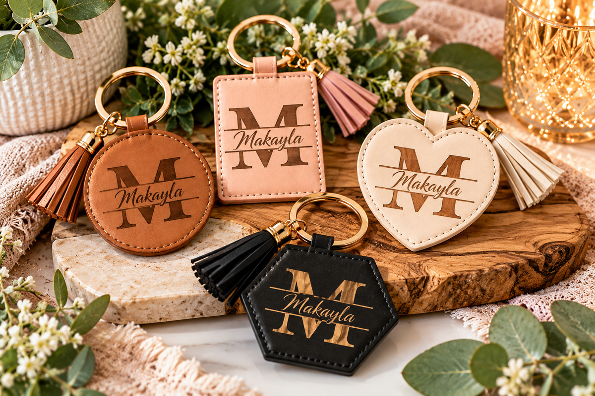 Boutique-style personalized leatherette keychains in brown, blush, cream and black with Makayla monogram engraving