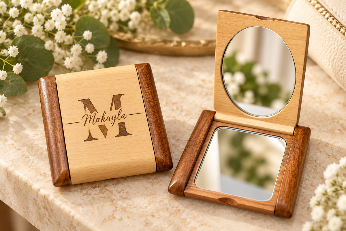 Personalized wooden compact mirror engraved with Makayla and an M monogram