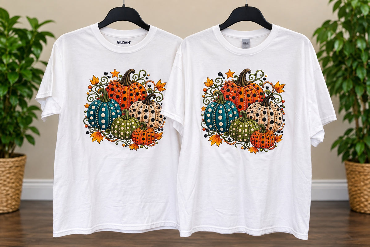 Colorful fall pumpkin graphic tee on white shirt
