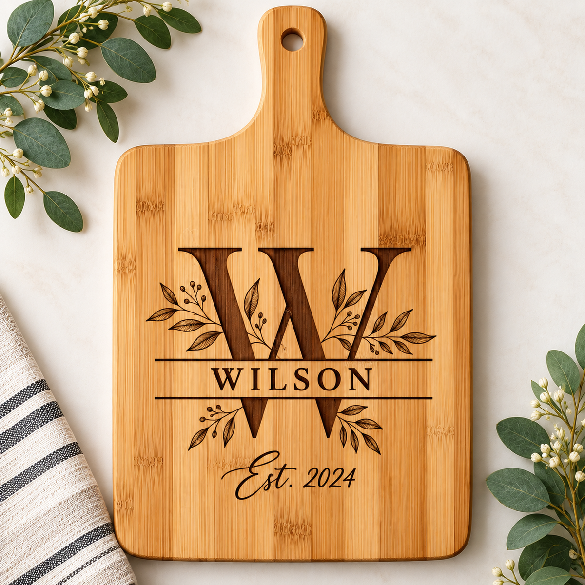 Personalized bamboo cutting board with Wilson monogram engraving