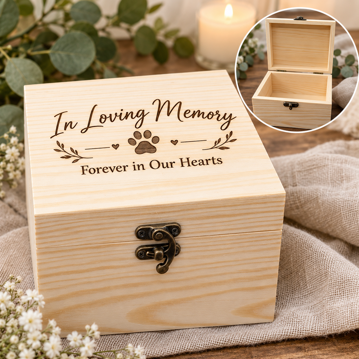 Personalized pet memorial ashes keepsake box with paw print engraving